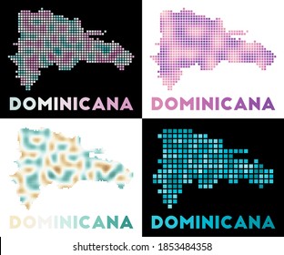 Karte Dominicana. Sammlung von Karte von Dominicana im gepunkteten Stil. Grenzen des Landes gefüllt mit Rechtecken für Ihr Design. Vektorgrafik.