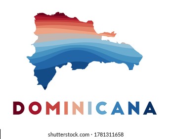 Dominicana map. Map of the country with beautiful geometric waves in red blue colors. Vivid Dominicana shape. Vector illustration.