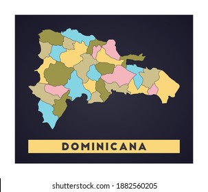 Mapa de Dominicana. Afiche del país con las regiones. Forma de Dominicana con nombre de país. Ilustración vectorial vibrante.