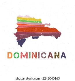 Dominicana map design. Shape of the country with beautiful geometric waves and grunge texture. Authentic vector illustration.