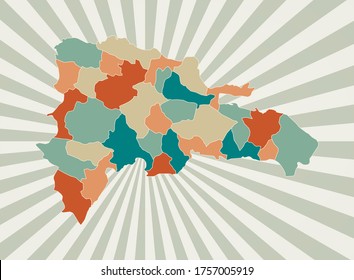 Dominicana map. Poster with map of the country in retro color palette. Shape of Dominicana with sunburst rays background. Vector illustration.