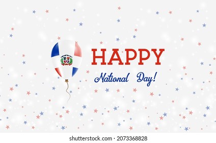 Dominicana National Day patriotic poster. Flying Rubber Balloon in Colors of the Dominican Flag. Dominicana National Day background with Balloon, Confetti, Stars, Bokeh and Sparkles.