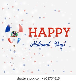 Dominicana National Day patriotic poster. Flying Rubber Balloon in Colors of the Dominican Flag. Dominicana National Day background with Balloon, Confetti, Stars, Bokeh and Sparkles.