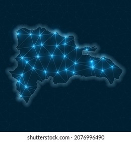 Dominicana network map. Abstract geometric map of the country. Digital connections and telecommunication design. Glowing internet network. Authentic vector illustration.