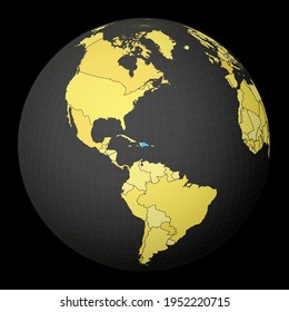 Dominicana en el oscuro globo con mapa del mundo amarillo. País resaltado con color azul. La proyección mundial por satélite se centró en Dominicana. Ilustración vectorial vibrante.