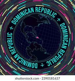 Dominicana on globe. Satelite view of the world centered to Dominicana. Bright neon style. Futuristic radial bricks background. Astonishing vector illustration.