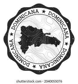 Sello al aire libre dominicano. Pegatina redonda con mapa del país con aislamientos topográficos. Ilustración vectorial. Puede utilizarse como insignia, logotipo, etiqueta, pegatina o insignia de la Dominicana.