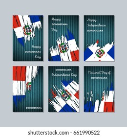 Dominicana Patriotic Cards for National Day. Expressive Brush Stroke in Flag Colors on dark striped background. Vector Greeting Card.