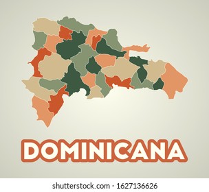 Dominicana poster in retro style. Map of the country with regions in autumn color palette. Shape of Dominicana with country name. Authentic vector illustration.