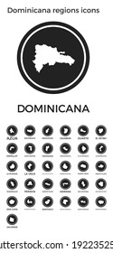 Íconos de regiones dominicanas. Logotipos redondos negros con mapas y títulos de las regiones del país. Ilustración vectorial.