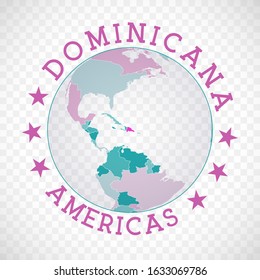 Dominicana round logo. Badge of country with map of Dominicana in world context. Country sticker stamp with globe map and round text. Radiant vector illustration.