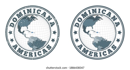 Logo de la ronda Dominicana. Bandas circulares de un país con mapa de Dominicana en contexto mundial. Sellos de país simples y texturados. Ilustración vectorial.