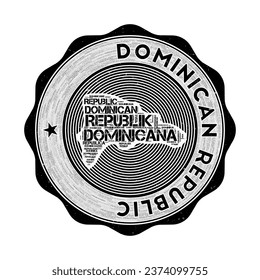 Dominicana seal. Country round logo with shape of Dominicana and country name in multiple languages wordcloud. Awesome emblem. Appealing vector illustration.