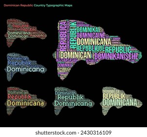 Dominicana. Set of typography style country illustrations. Dominicana map shape build of horizontal and vertical country names. Vector illustration.