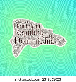 Dominicana shape formed by country name in multiple languages. Dominicana border on stylish striped gradient background. Vibrant poster. Appealing vector illustration.