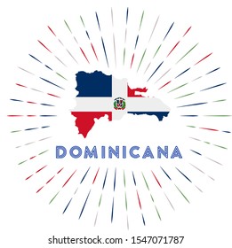 Dominicana sunburst badge. The country sign with map of Dominicana with Dominican flag. Colorful rays around the logo. Vector illustration.