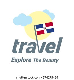 Dominican-Republic Travel Country Flag Logo. Explore the The Beauty lettering with Sun and Clouds and creative waving flag. travel company logo design - vector illustration