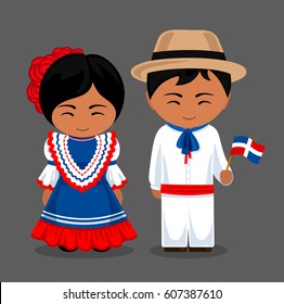 Dominicans in national dress with a flag. Man and woman in traditional costume. Travel to Dominican Republic. People. Vector flat illustration.