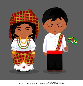 Dominicans in national dress with a flag. Man and woman in traditional costume. Vector flat illustration.