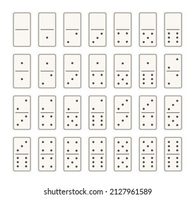 Domino 28 pieces with black spots or dots. Creative vector realistic full set. Bones art graphic design elements. Icon activity and hobbies collection