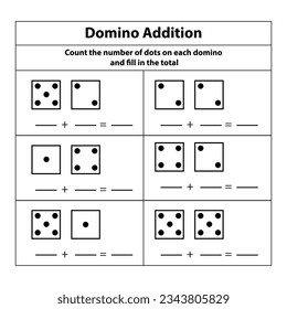 Domino Addition counts the number of dots each domino fills the total. Math Exercises. vector illustrator on white background