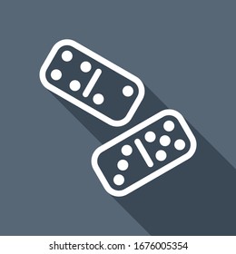 Domino, board game, outline design. White flat icon with long shadow on blue background