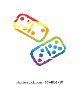 Domino, board game, outline design. Drawing sign with LGBT style, seven colors of rainbow (red, orange, yellow, green, blue, indigo, violet