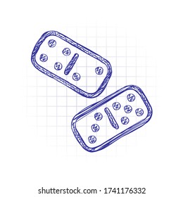 Domino, board game, outline design. Hand drawn sketched picture with scribble fill. Blue ink. Doodle on white background