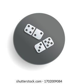 Domino, board game. White paper symbol on gray round button or badge with shadow