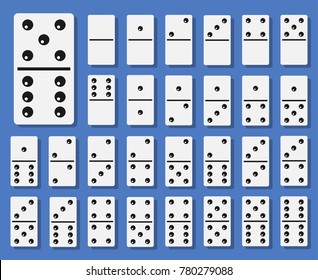 Domino bones set. Collection for boardgame played with rectangular domino tiles with dots or pips. Vector flat style cartoon illustration isolated on blue background