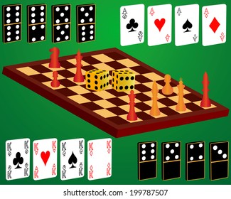 domino cards dice chess to play on a green background