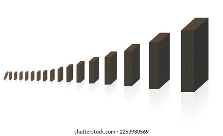 Domino chain reaction with increasing pieces. The smallest one starts, the bigger dominoes are still standing. Symbol for dangerous development and aggravation. Isolated vector on white.
