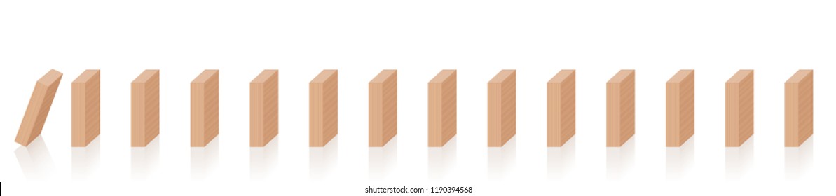 Domino chain reaction. Wooden pieces, the first one starts, the other dominoes are still standing. Isolated vector illustration on white background.