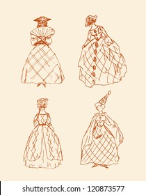 Domino. Columbine. Masquerade. Masked ball. Sketches of women in old carnival clothes. Artist, actor, dancer. Silhouettes of ladies in theatre style. Hand drawn sketches collection of retro women