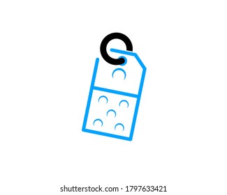 The domino design logo is shaped like a price tag,