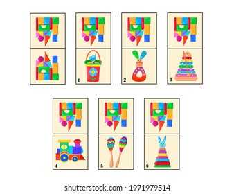 Domino with different toys. Children educational game. Printable activity, board game. Toys for kids. Vector cartoon illustration.