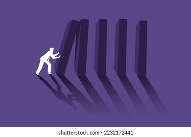 Domino disrupt. Businessman pushing bones chain. Action reaction effect. Balance game. Business bankruptcy. Change strategy. Falling block. Work collapse impact. Vector recent illustration