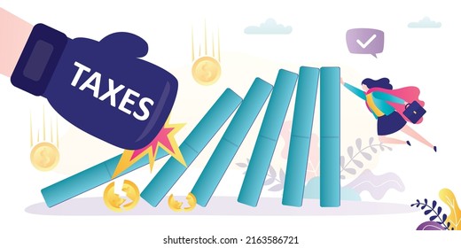 Domino effect. Big boxing glove hits dominoes. High taxes ruin business. Risk management. Confident woman superhero trying to keep enterprise under control. Business insurance. Vector illustration