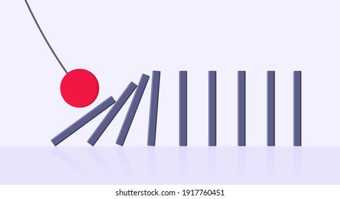 Domino effect business concept. Big red ball starts row of falling blocks of dominoes flat style vector illustration. Business bankruptcy or crisis, risk chain reaction and finding solution metaphor.