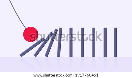 Domino effect business concept. Big red ball starts row of falling blocks of dominoes flat style vector illustration. Business bankruptcy or crisis, risk chain reaction and finding solution metaphor.