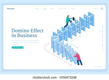 Domino effect in business. Concept of changes and actions that bring disruption or success. Vector landing page of chain reaction with isometric people, man pushes falling domino and one escapes