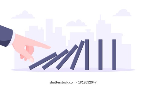Domino effect business concept. Hand starts chain reaction of falling board game blocks of dominoes flat style vector illustration. Business bankruptcy or crisis, risk and finding solution metaphor.