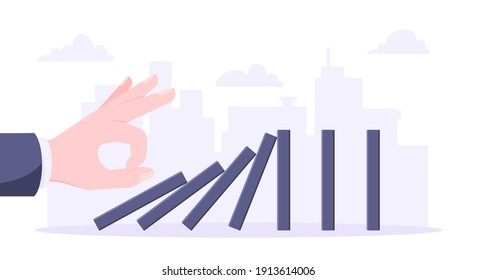 Domino effect business concept. Hand starts chain reaction of falling board game blocks of dominoes flat style vector illustration. Business bankruptcy or crisis, risk and finding solution metaphor.