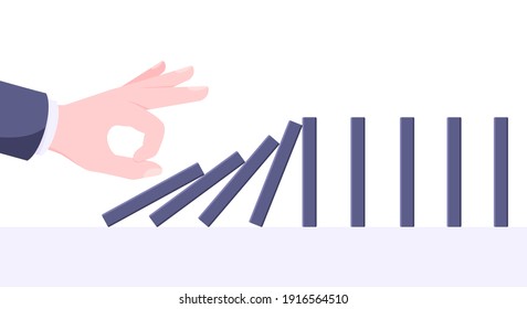 Domino effect business concept. Hand starts chain reaction of falling board game blocks of dominoes flat style vector illustration. Business bankruptcy or crisis, risk and finding solution metaphor.
