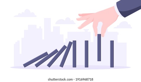 Domino effect business concept. Hand stops chain reaction of falling board game blocks of dominoes flat style vector illustration. Business bankruptcy or crisis, risk and finding solution metaphor.