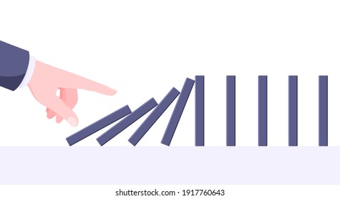 Domino effect business concept. Hand starts chain reaction of falling board game blocks of dominoes flat style vector illustration.