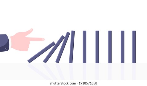 Domino effect business concept. Hand starts chain reaction of falling board game blocks of dominoes flat style vector illustration.