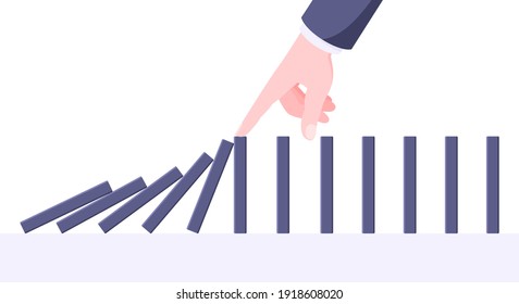 Domino effect business concept. Hand stops chain reaction of falling board game blocks of dominoes flat style vector illustration. Business bankruptcy or crisis, risk and finding solution metaphor.