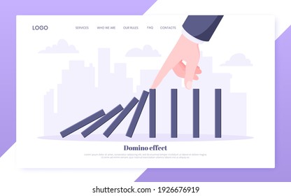 Domino effect business concept. Hand stops chain reaction of falling board game blocks of dominoes flat style vector illustration. Business bankruptcy or crisis, risk and finding solution metaphor.