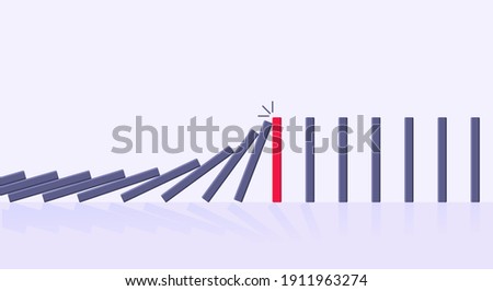 Domino effect business concept. Line in a row of falling board game blocks of dominoes flat style vector illustration. Business bankruptcy or crisis, risk chain reaction and finding solution metaphor.